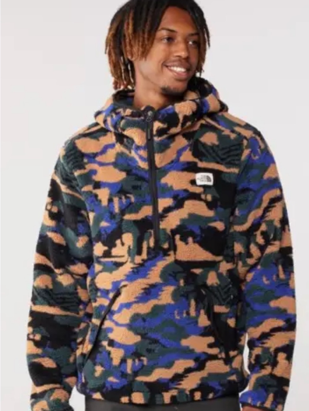 The North Face Men’s Blue/Black/Tan Camouflage Sherpa Half-Zip Hoodie